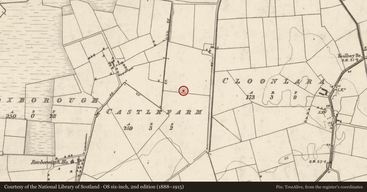 Ordnance Survey six-inch map, 2nd edition (1888–1915) covering the location of Enclosure, Castlefarm, County Kerry, with a pin at the register's coordinates
