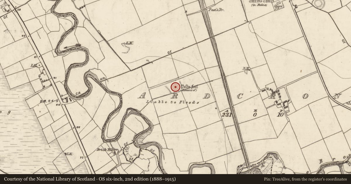 Ordnance Survey six-inch map, 2nd edition (1888–1915) covering the location of Moated site, Ardcrone, County Kerry, with a pin at the register's coordinates