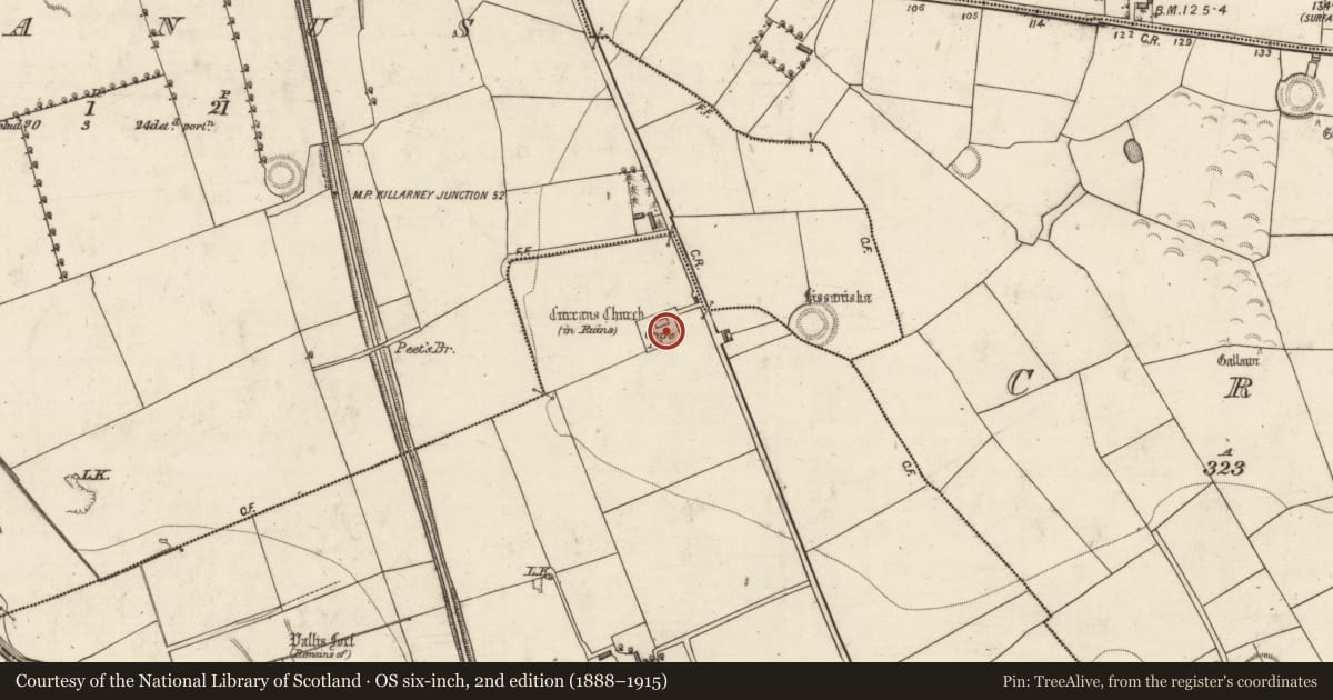Ordnance Survey six-inch map, 2nd edition (1888–1915) covering the location of Graveyard, Ardcrone, County Kerry, with a pin at the register's coordinates