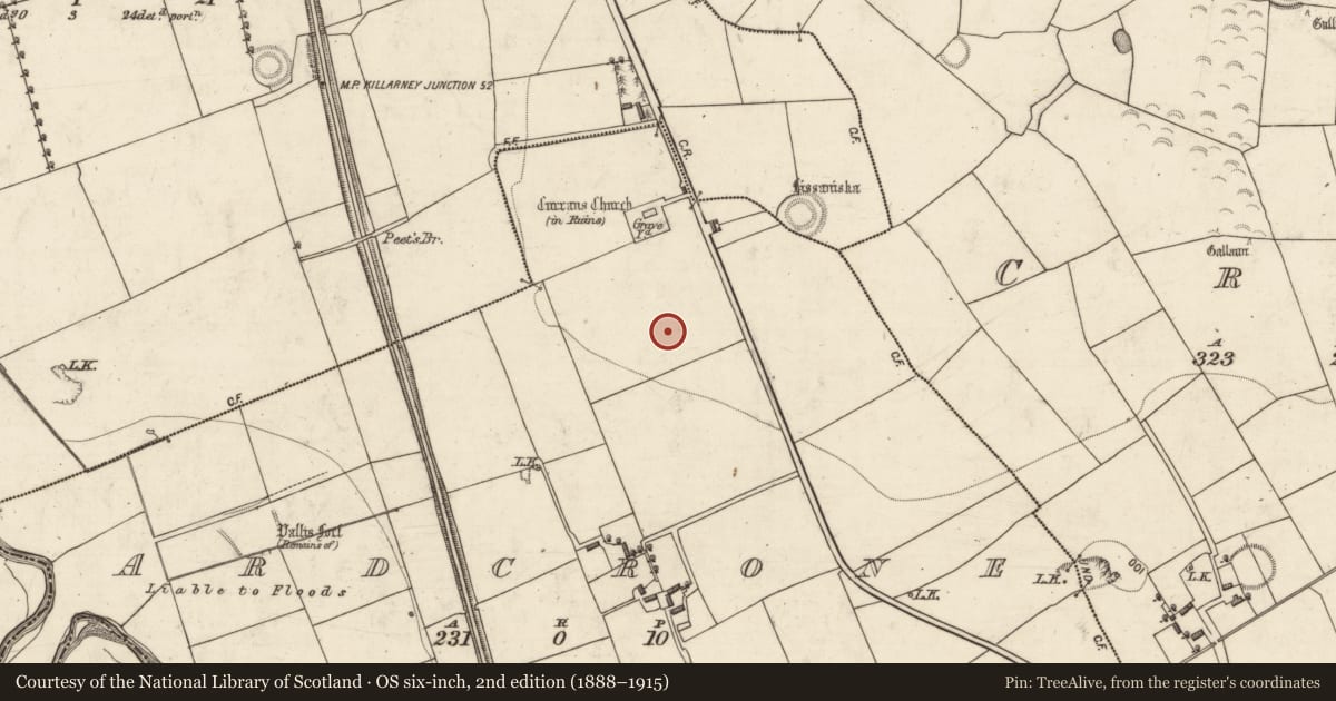 Ordnance Survey six-inch map, 2nd edition (1888–1915) covering the location of Souterrain, Ardcrone, County Kerry, with a pin at the register's coordinates