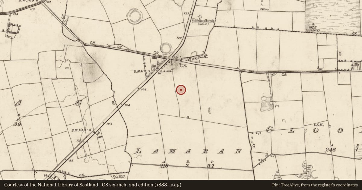 Ordnance Survey six-inch map, 2nd edition (1888–1915) covering the location of Ringfort - rath, Laharan, County Kerry, with a pin at the register's coordinates