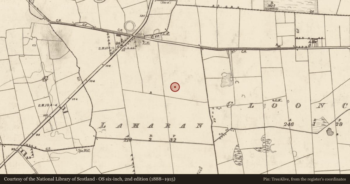 Ordnance Survey six-inch map, 2nd edition (1888–1915) covering the location of Ringfort - rath, Laharan, County Kerry, with a pin at the register's coordinates