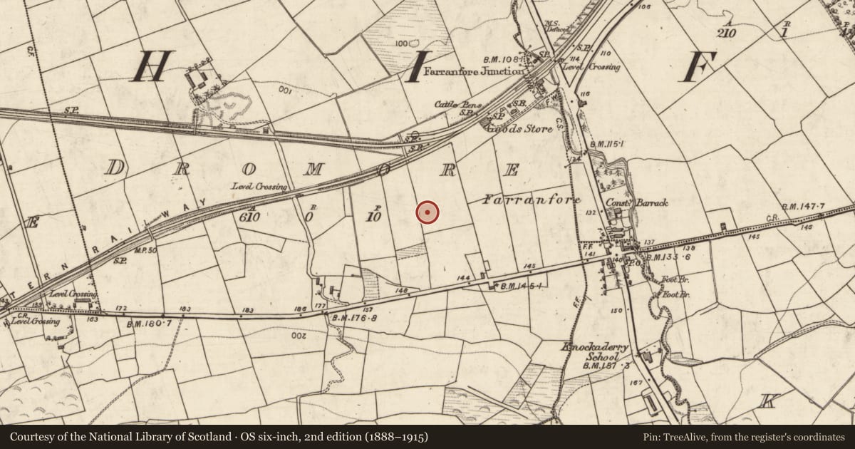 Ordnance Survey six-inch map, 2nd edition (1888–1915) covering the location of Fulacht fia, Dromore, County Kerry, with a pin at the register's coordinates