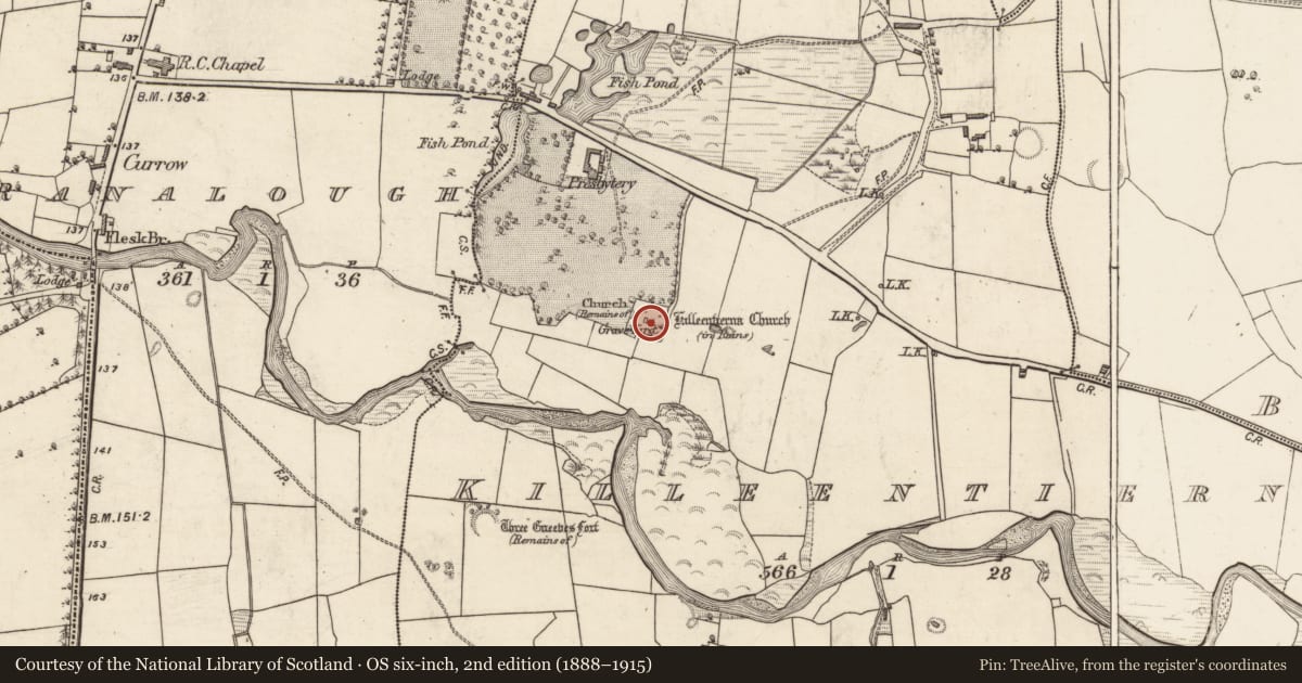 Ordnance Survey six-inch map, 2nd edition (1888–1915) covering the location of Graveyard, Killeentierna, County Kerry, with a pin at the register's coordinates