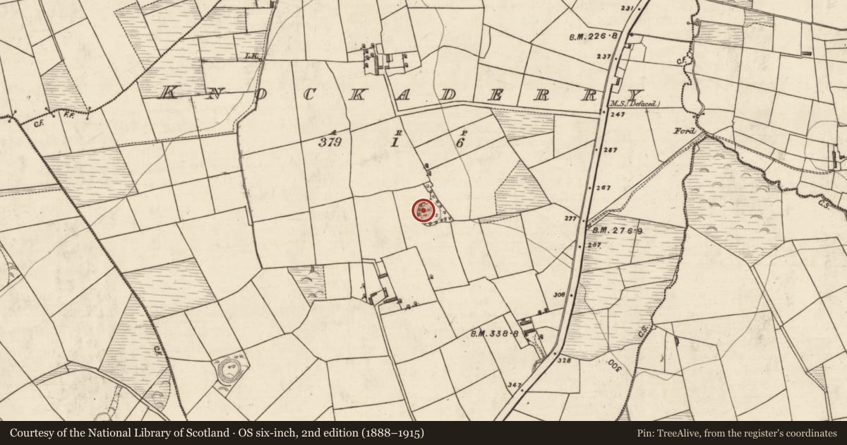 Ordnance Survey six-inch map, 2nd edition (1888–1915) covering the location of Fulacht fia, Knockaderry, County Kerry, with a pin at the register's coordinates