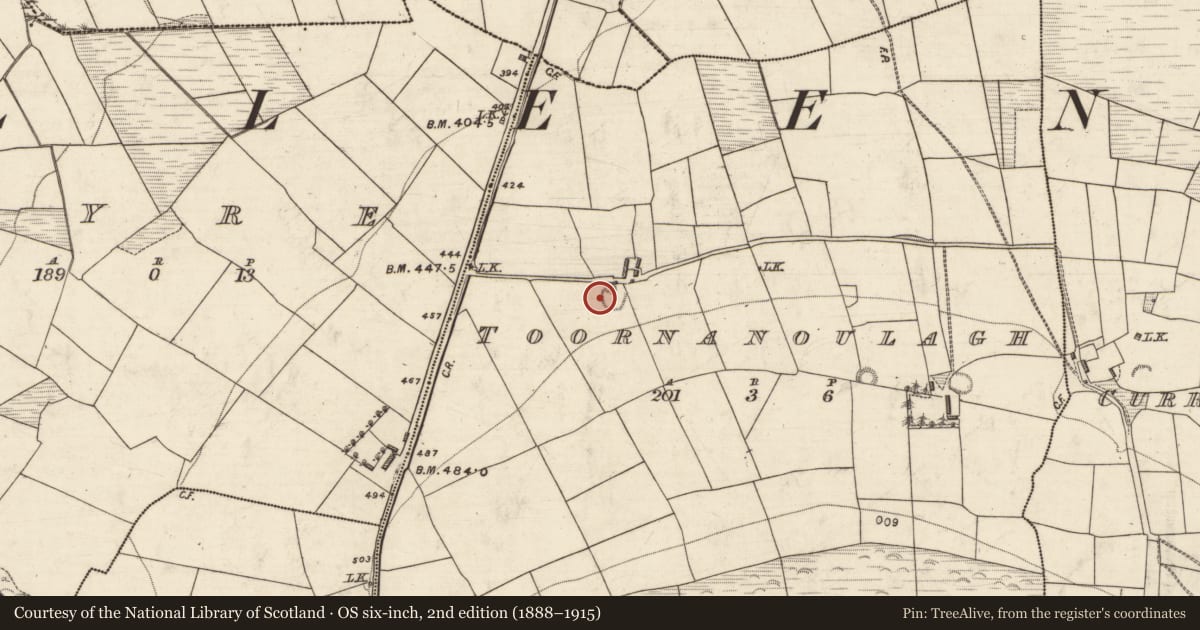 Ordnance Survey six-inch map, 2nd edition (1888–1915) covering the location of Hut site, Toornanoulagh, County Kerry, with a pin at the register's coordinates