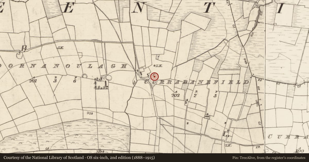 Ordnance Survey six-inch map, 2nd edition (1888–1915) covering the location of Enclosure, Currabanefield, County Kerry, with a pin at the register's coordinates