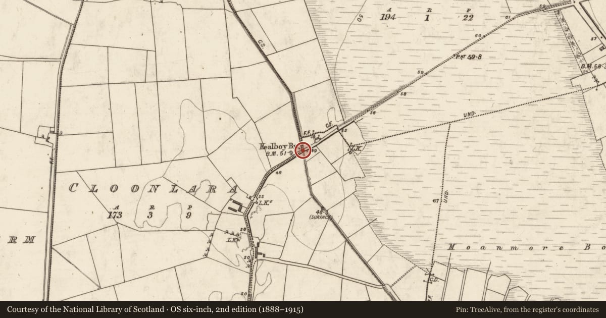 Ordnance Survey six-inch map, 2nd edition (1888–1915) covering the location of Bridge, Bushmount, Cloonlara, County Kerry, with a pin at the register's coordinates