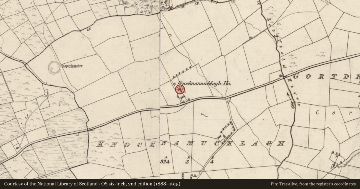 Ordnance Survey six-inch map, 2nd edition (1888–1915) covering the location of Country house, Knocknamucklagh, County Kerry, with a pin at the register's coordinates