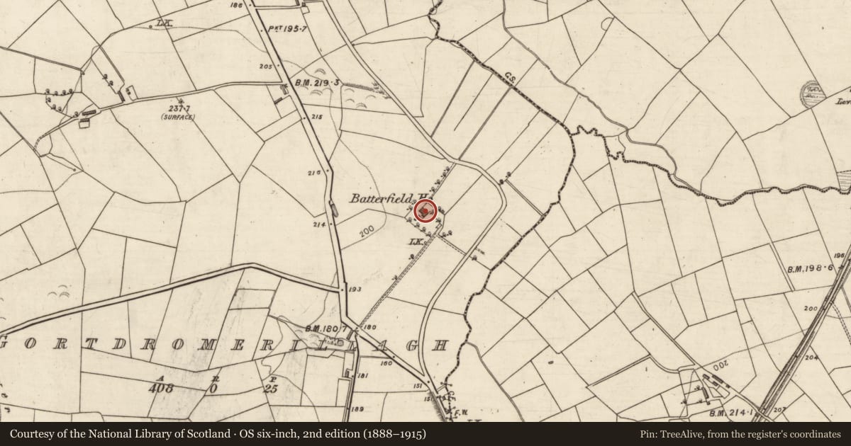 Ordnance Survey six-inch map, 2nd edition (1888–1915) covering the location of Country house, Gortdromerillagh, County Kerry, with a pin at the register's coordinates