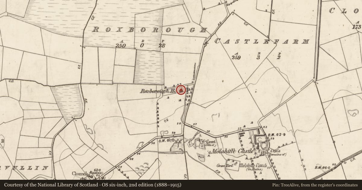 Ordnance Survey six-inch map, 2nd edition (1888–1915) covering the location of Country house, Roxborough, County Kerry, with a pin at the register's coordinates