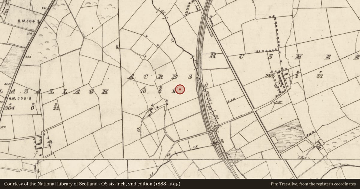 Ordnance Survey six-inch map, 2nd edition (1888–1915) covering the location of Ring-ditch, Acres, County Kerry, with a pin at the register's coordinates