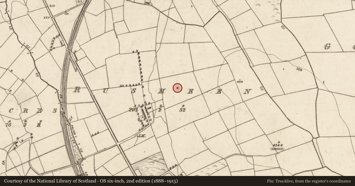 Ordnance Survey six-inch map, 2nd edition (1888–1915) covering the location of Mound, Rusheen, County Kerry, with a pin at the register's coordinates