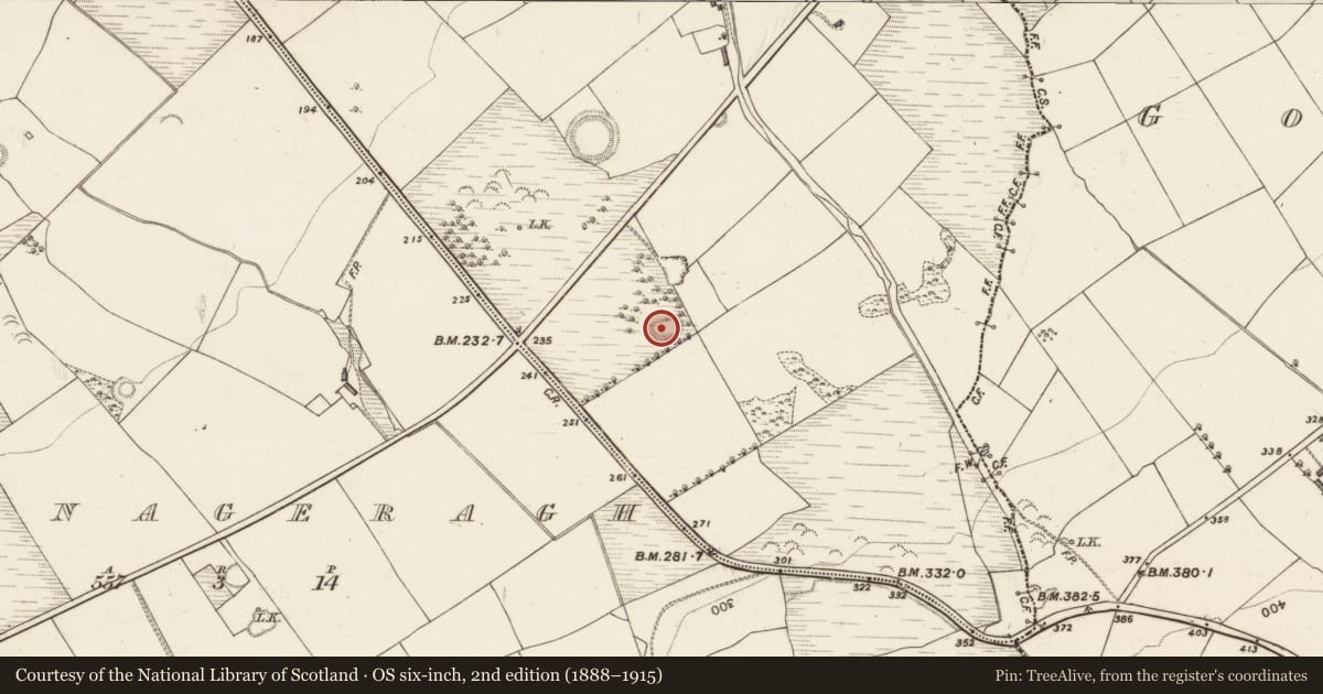 Ordnance Survey six-inch map, 2nd edition (1888–1915) covering the location of Enclosure, Bawnaskehy, County Kerry, with a pin at the register's coordinates