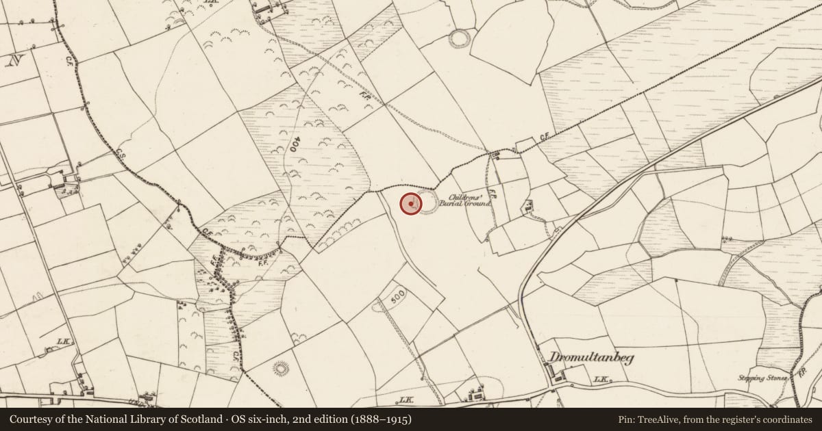 Ordnance Survey six-inch map, 2nd edition (1888–1915) covering the location of Hut site, Dromultan, County Kerry, with a pin at the register's coordinates