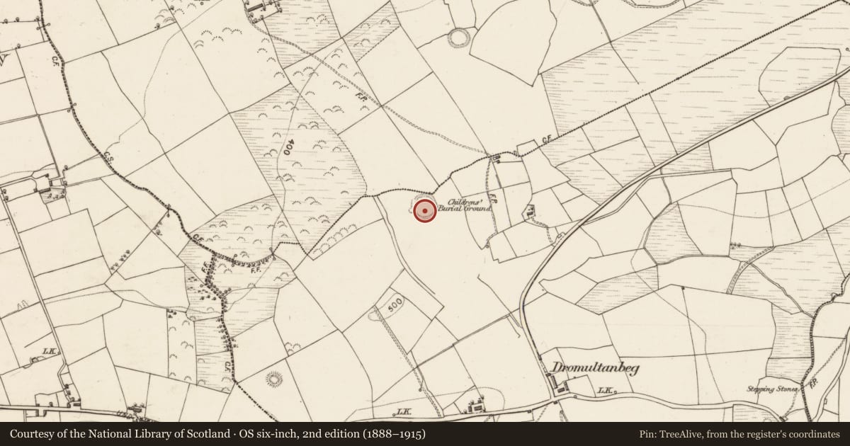 Ordnance Survey six-inch map, 2nd edition (1888–1915) covering the location of Hut site, Dromultan, County Kerry, with a pin at the register's coordinates