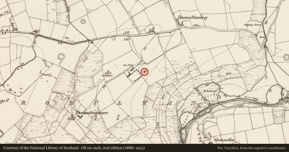 Ordnance Survey six-inch map, 2nd edition (1888–1915) covering the location of Enclosure, Dromultan, County Kerry, with a pin at the register's coordinates