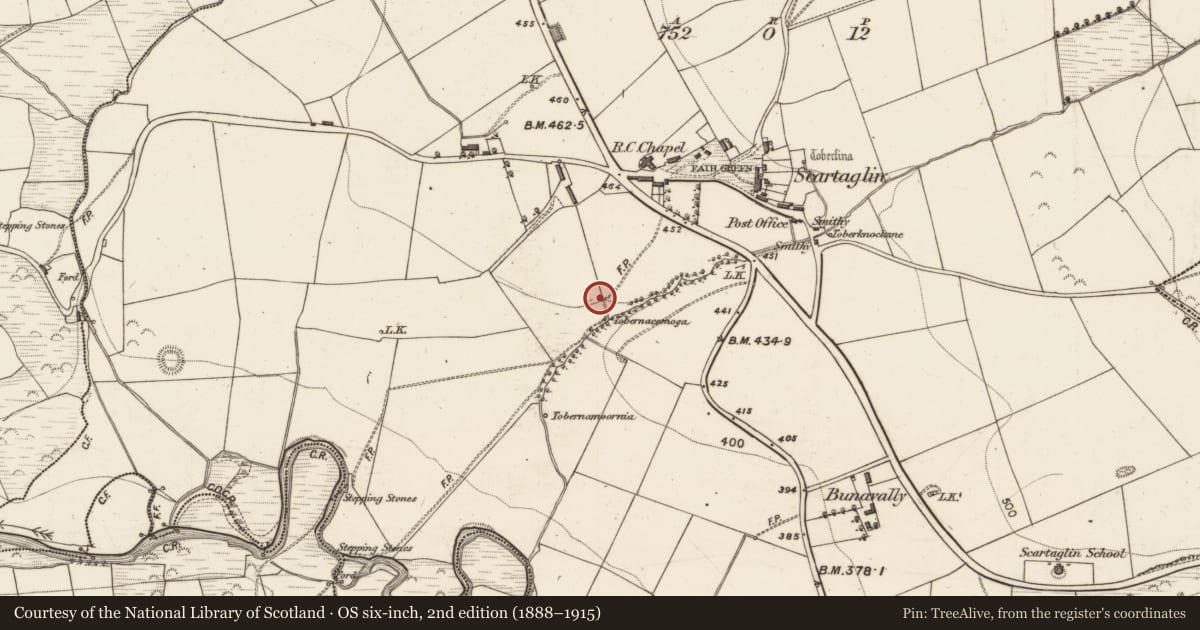 Ordnance Survey six-inch map, 2nd edition (1888–1915) covering the location of Enclosure, Scartaglin, County Kerry, with a pin at the register's coordinates