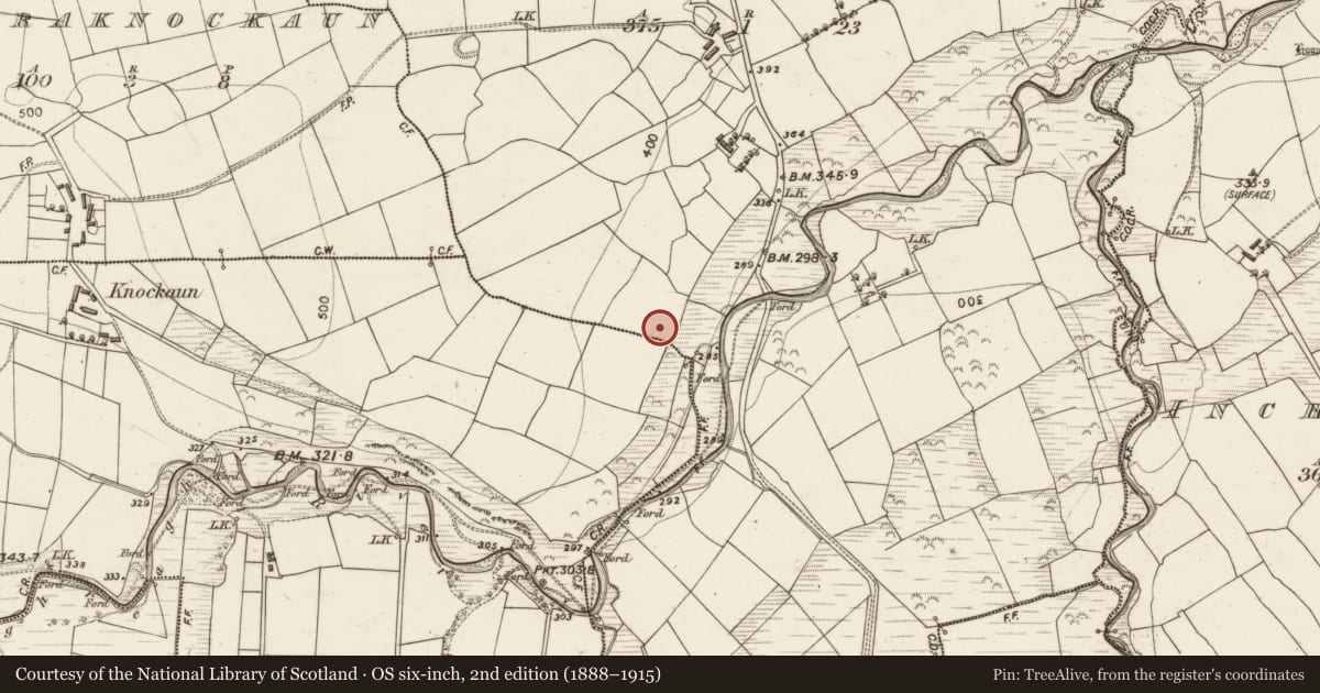 Ordnance Survey six-inch map, 2nd edition (1888–1915) covering the location of Fulacht fia, Ranaleen, County Kerry, with a pin at the register's coordinates