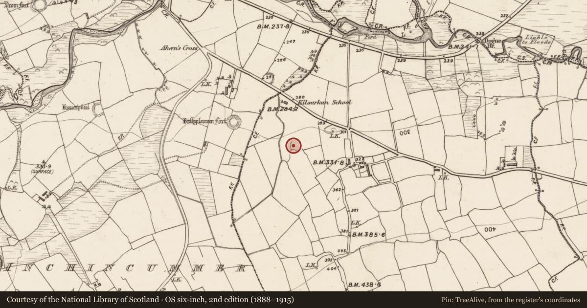 Ordnance Survey six-inch map, 2nd edition (1888–1915) covering the location of Ringfort - rath, Kilsarkan West, County Kerry, with a pin at the register's coordinates