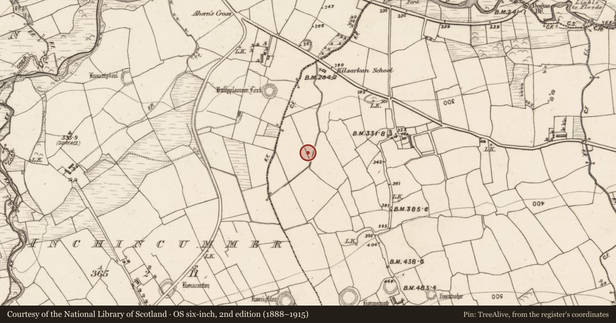 Ordnance Survey six-inch map, 2nd edition (1888–1915) covering the location of Fulacht fia, Kilsarkan West, County Kerry, with a pin at the register's coordinates