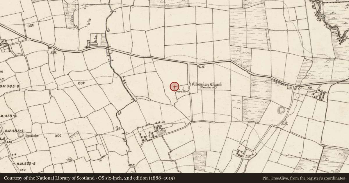 Ordnance Survey six-inch map, 2nd edition (1888–1915) covering the location of Enclosure, Kilsarkan East, County Kerry, with a pin at the register's coordinates