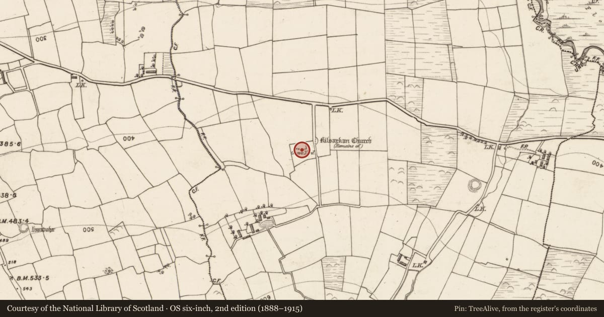 Ordnance Survey six-inch map, 2nd edition (1888–1915) covering the location of Souterrain, Kilsarkan East, County Kerry, with a pin at the register's coordinates