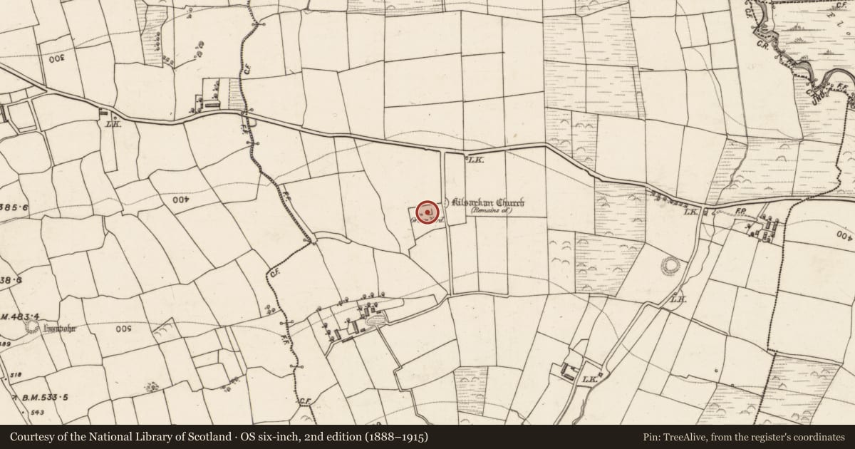 Ordnance Survey six-inch map, 2nd edition (1888–1915) covering the location of Exhibitionist figure, Kilsarkan East, County Kerry, with a pin at the register's coordinates