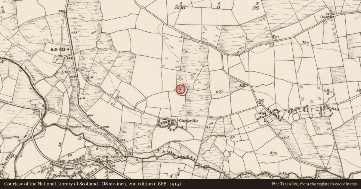 Ordnance Survey six-inch map, 2nd edition (1888–1915) covering the location of Ringfort - rath, Carker, County Kerry, with a pin at the register's coordinates
