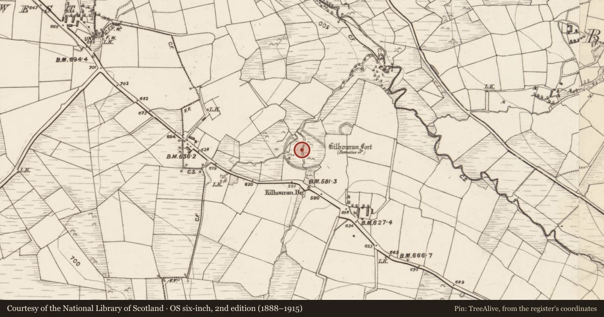 Ordnance Survey six-inch map, 2nd edition (1888–1915) covering the location of Enclosure, Knockrower East, County Kerry, with a pin at the register's coordinates