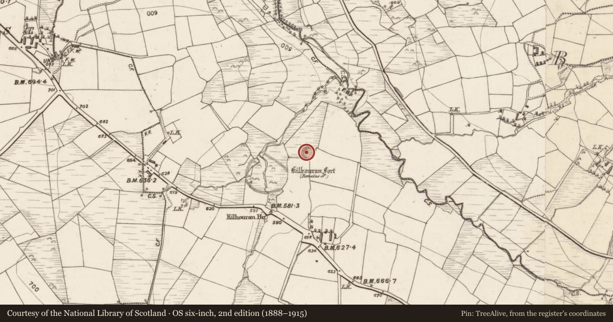 Ordnance Survey six-inch map, 2nd edition (1888–1915) covering the location of Ringfort - rath, Knockrower East, County Kerry, with a pin at the register's coordinates