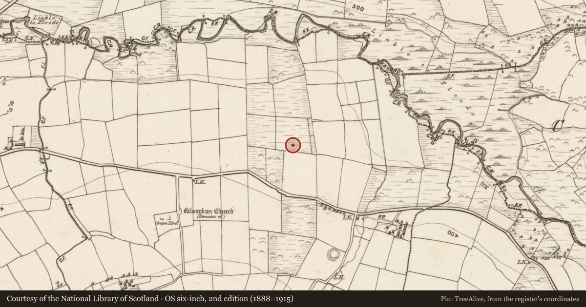 Ordnance Survey six-inch map, 2nd edition (1888–1915) covering the location of Fulacht fia, Kilsarkan East, County Kerry, with a pin at the register's coordinates