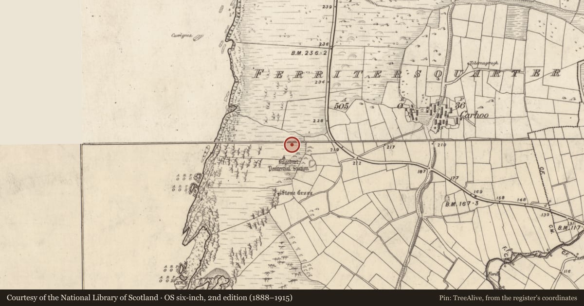 Ordnance Survey six-inch map, 2nd edition (1888–1915) covering the location of Enclosure, Ceathrú An Fheirtéaraigh, County Kerry, with a pin at the register's coordinates