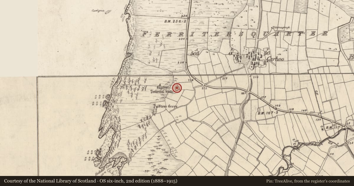 Ordnance Survey six-inch map, 2nd edition (1888–1915) covering the location of Enclosure, Ceathrú An Fheirtéaraigh, County Kerry, with a pin at the register's coordinates