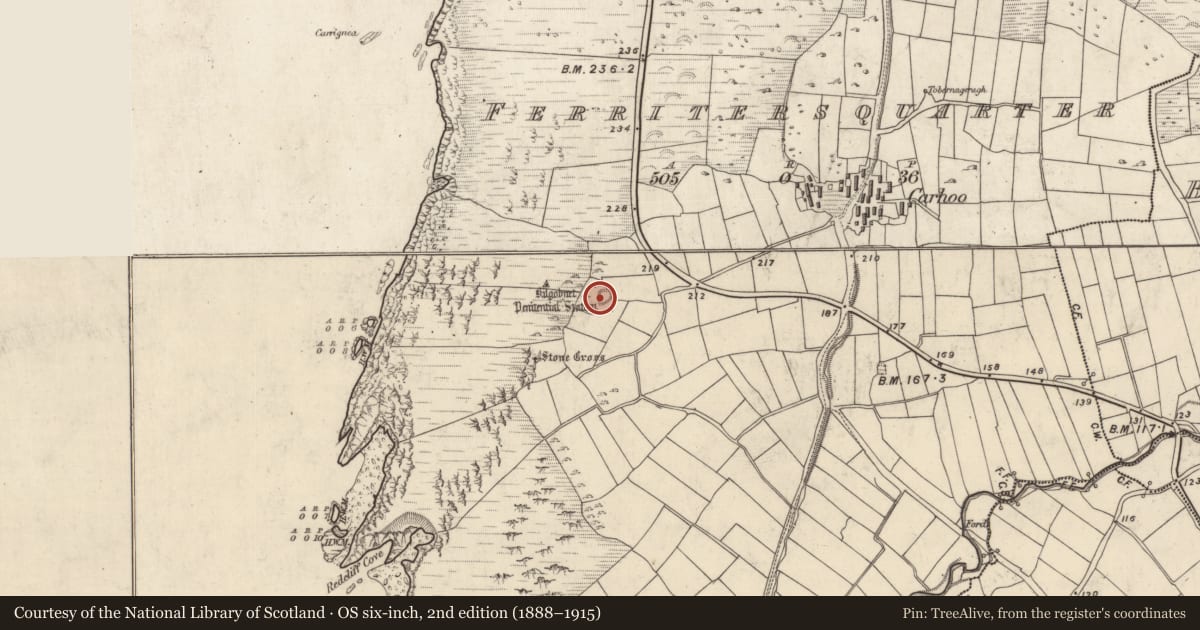 Ordnance Survey six-inch map, 2nd edition (1888–1915) covering the location of Penitential station, Ceathrú An Fheirtéaraigh, County Kerry, with a pin at the register's coordinates
