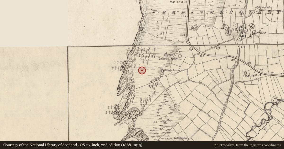 Ordnance Survey six-inch map, 2nd edition (1888–1915) covering the location of Hut site, Ceathrú An Fheirtéaraigh, County Kerry, with a pin at the register's coordinates