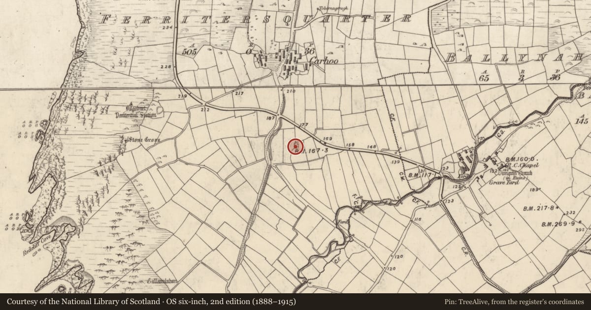 Ordnance Survey six-inch map, 2nd edition (1888–1915) covering the location of Clochan, Ceathrú An Fheirtéaraigh, County Kerry, with a pin at the register's coordinates