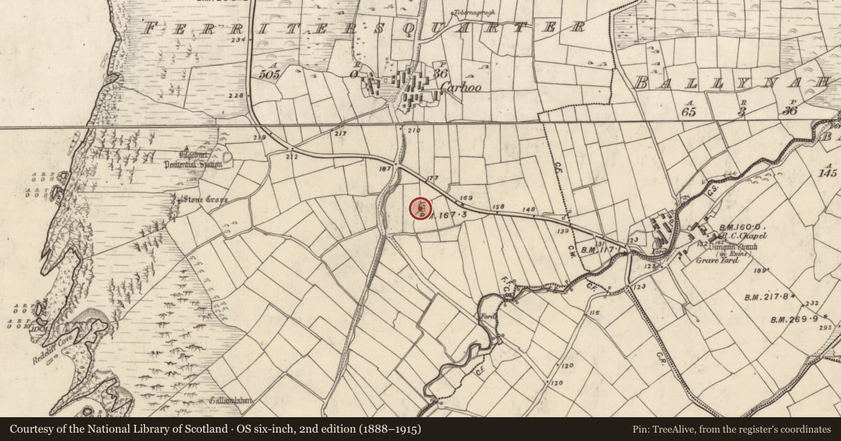 Ordnance Survey six-inch map, 2nd edition (1888–1915) covering the location of Clochan, Ceathrú An Fheirtéaraigh, County Kerry, with a pin at the register's coordinates