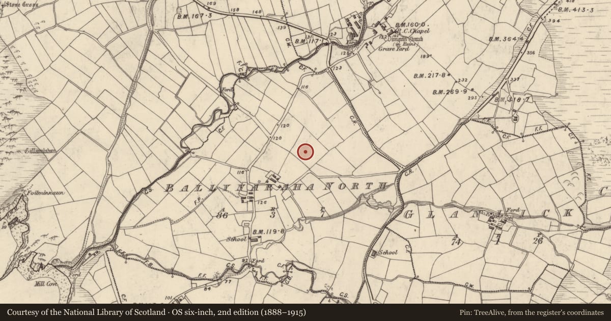 Ordnance Survey six-inch map, 2nd edition (1888–1915) covering the location of Ringfort - rath, Baile Na Rátha Thuaidh, County Kerry, with a pin at the register's coordinates
