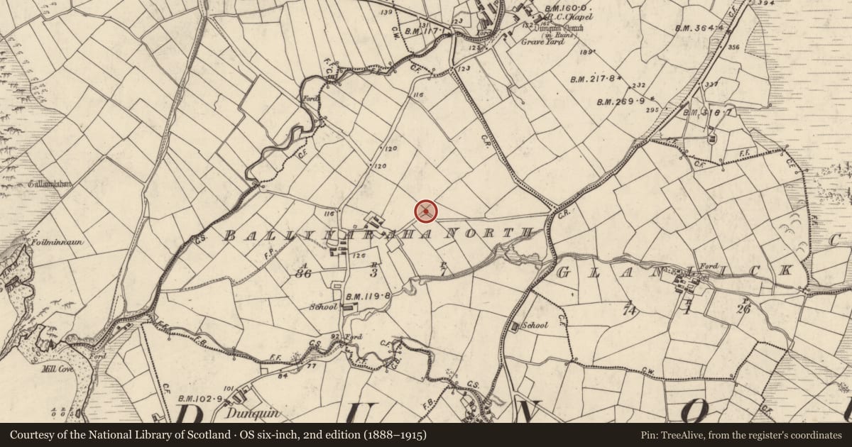 Ordnance Survey six-inch map, 2nd edition (1888–1915) covering the location of Souterrain, Baile Na Rátha Thuaidh, County Kerry, with a pin at the register's coordinates