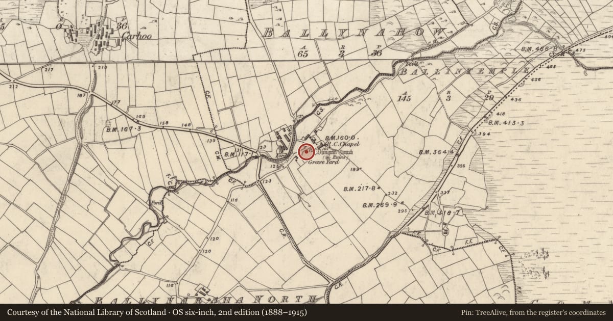 Ordnance Survey six-inch map, 2nd edition (1888–1915) covering the location of Church, Baile An Teampaill, County Kerry, with a pin at the register's coordinates