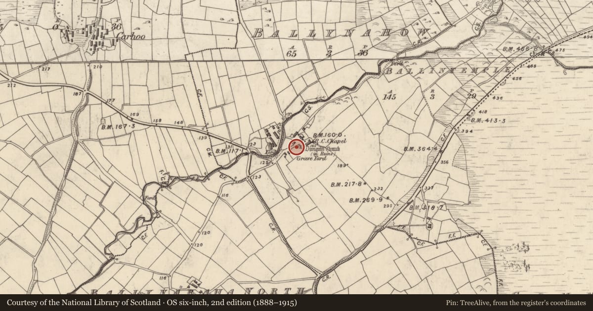 Ordnance Survey six-inch map, 2nd edition (1888–1915) covering the location of Cross, Baile An Teampaill, County Kerry, with a pin at the register's coordinates