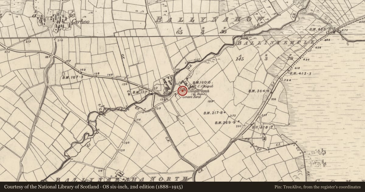 Ordnance Survey six-inch map, 2nd edition (1888–1915) covering the location of Cross, Baile An Teampaill, County Kerry, with a pin at the register's coordinates