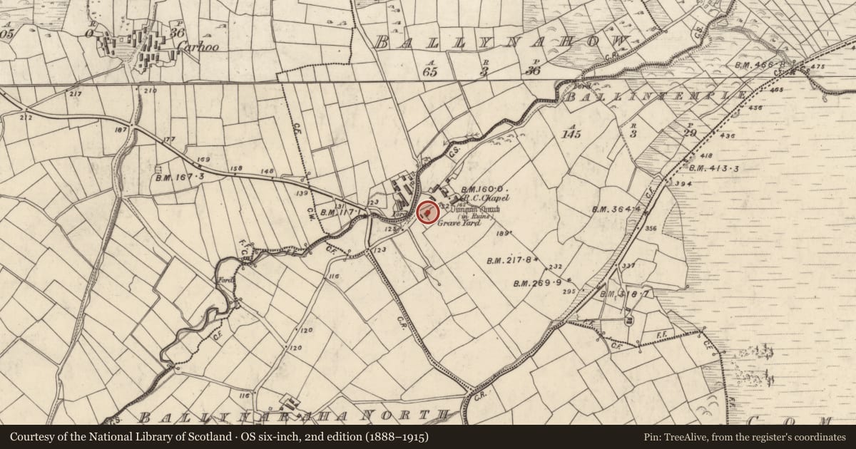 Ordnance Survey six-inch map, 2nd edition (1888–1915) covering the location of Cross-inscribed stone, Baile An Teampaill, County Kerry, with a pin at the register's coordinates