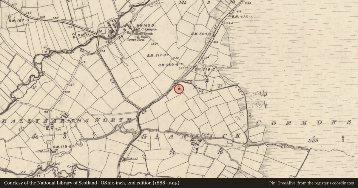 Ordnance Survey six-inch map, 2nd edition (1888–1915) covering the location of Church, Gleann Loic, County Kerry, with a pin at the register's coordinates
