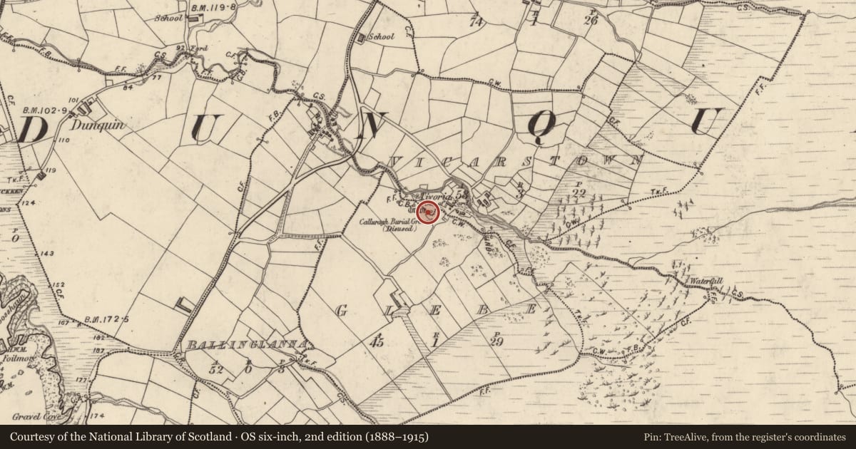 Ordnance Survey six-inch map, 2nd edition (1888–1915) covering the location of Leacht, An Tseantóir, Baile An Bhiocáire, County Kerry, with a pin at the register's coordinates