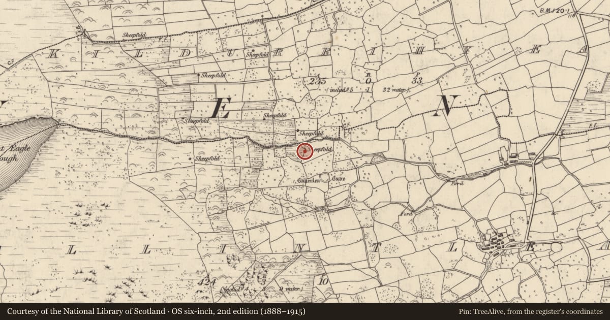 Ordnance Survey six-inch map, 2nd edition (1888–1915) covering the location of Clochan, Baile An Tsléibhe, County Kerry, with a pin at the register's coordinates