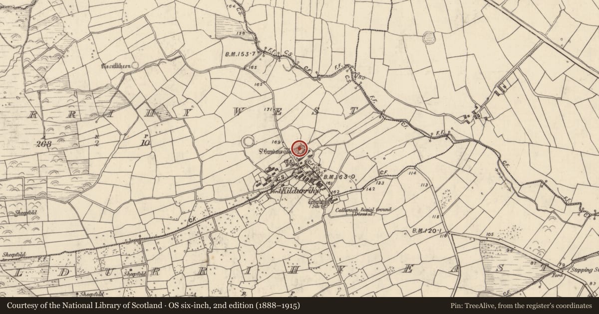 Ordnance Survey six-inch map, 2nd edition (1888–1915) covering the location of Ritual site - holy well, Cill Ura Thiar, County Kerry, with a pin at the register's coordinates