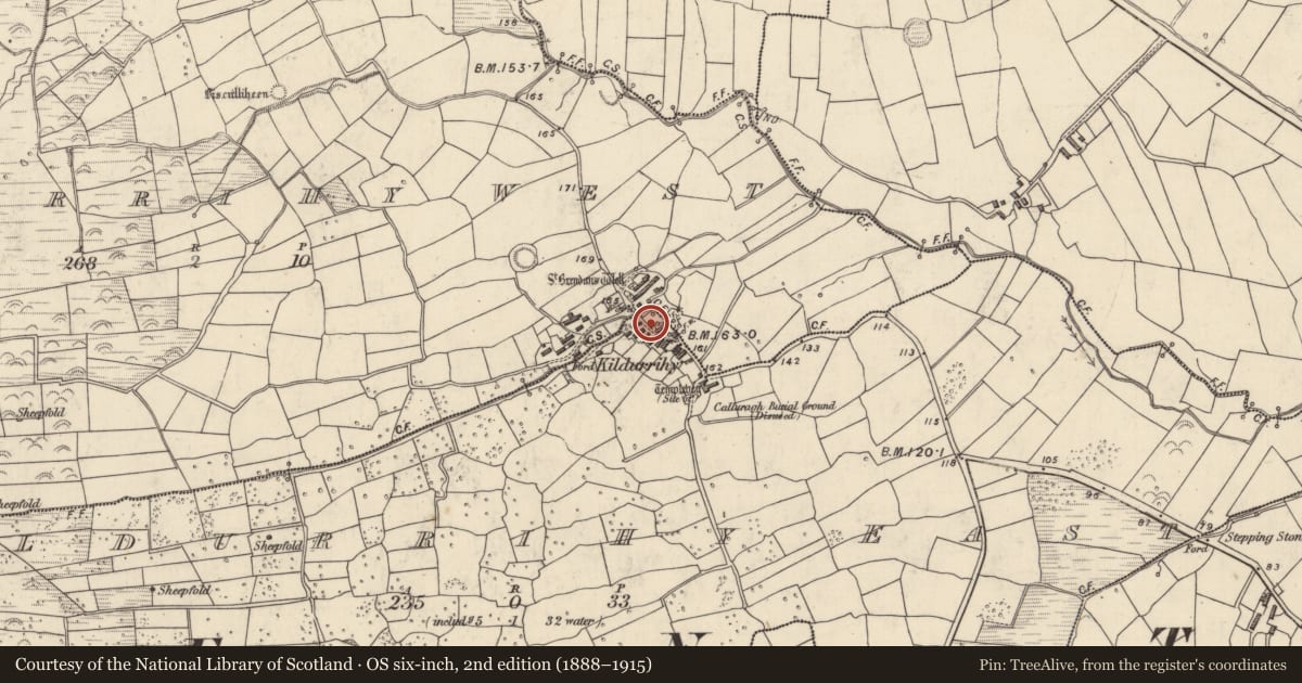 Ordnance Survey six-inch map, 2nd edition (1888–1915) covering the location of Bullaun stone, Cill Ura Thoir, County Kerry, with a pin at the register's coordinates