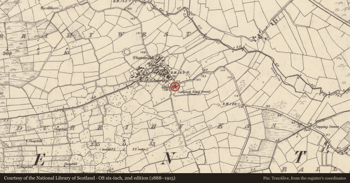 Ordnance Survey six-inch map, 2nd edition (1888–1915) covering the location of Church, Cill Ura Thoir, County Kerry, with a pin at the register's coordinates